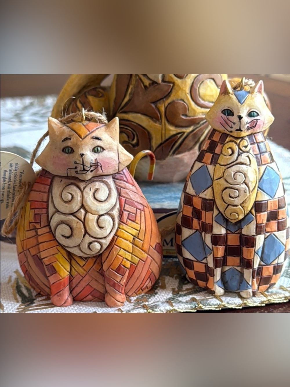 Jim Shore Hand-Painted Mosaic Cat Pair in Orange, Yellow & Blue